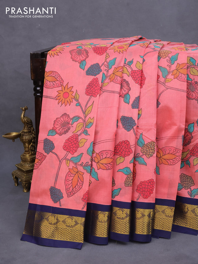 Silk cotton saree peach pink and dark blue with allover kalamkari prints and zari woven korvai border