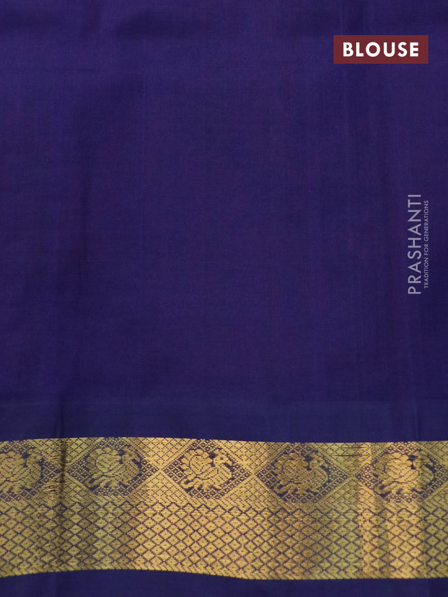 Silk cotton saree peach pink and dark blue with allover kalamkari prints and zari woven korvai border