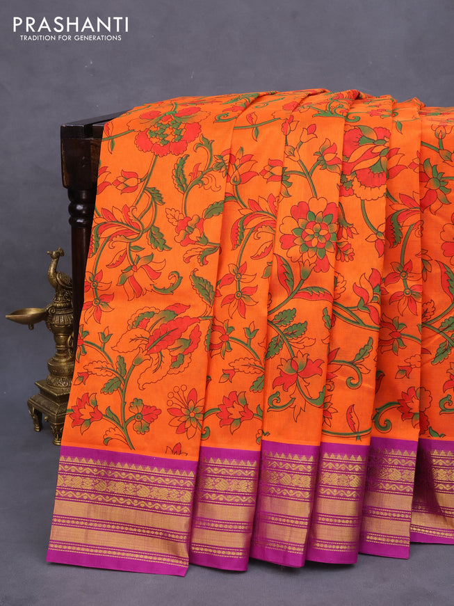 Silk cotton saree orange and purple with allover kalamkari prints and zari woven korvai border