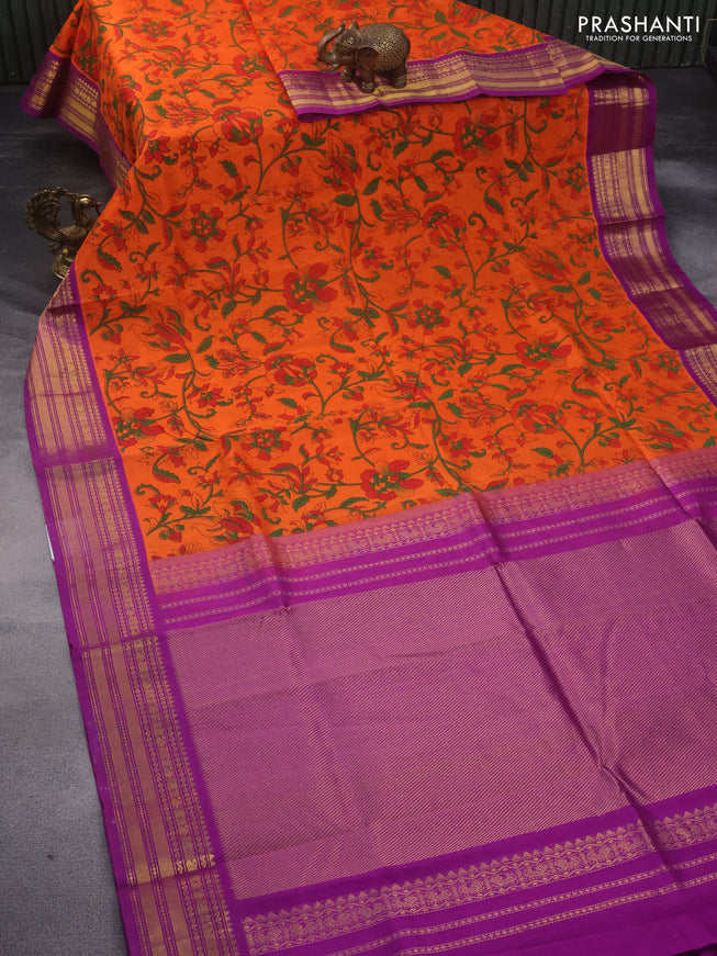 Silk cotton saree orange and purple with allover kalamkari prints and zari woven korvai border