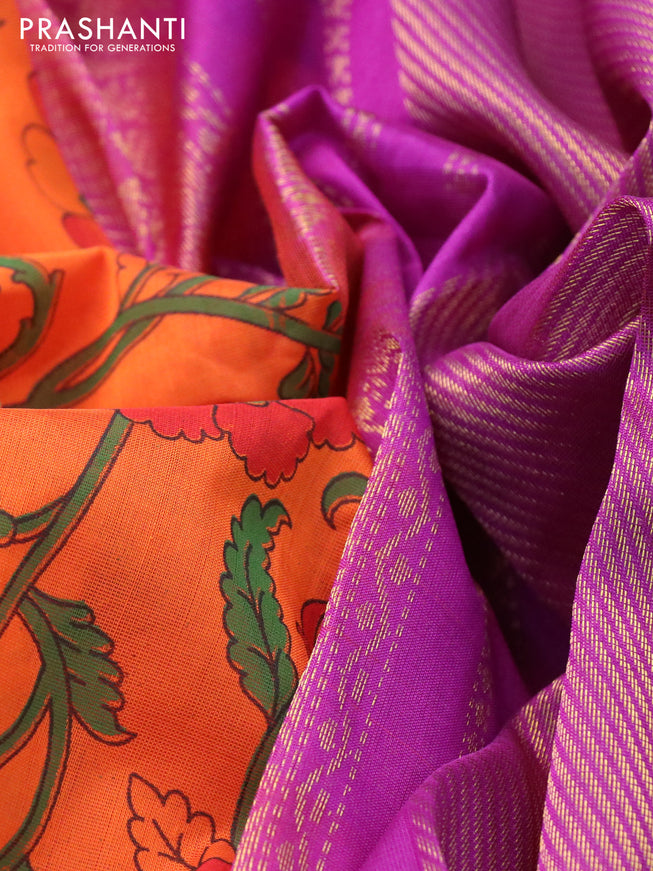 Silk cotton saree orange and purple with allover kalamkari prints and zari woven korvai border