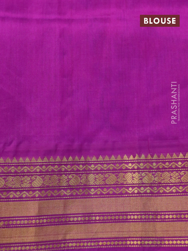 Silk cotton saree orange and purple with allover kalamkari prints and zari woven korvai border