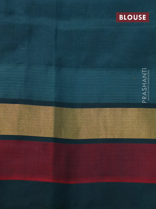 Silk cotton saree pastel green and bottle green with allover kalamkari prints and temple design zari woven simple border