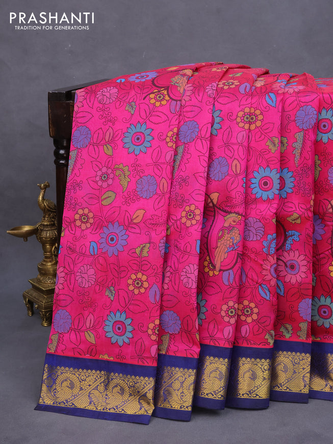 Silk cotton saree pink and blue with allover kalamkari prints and zari woven korvai border