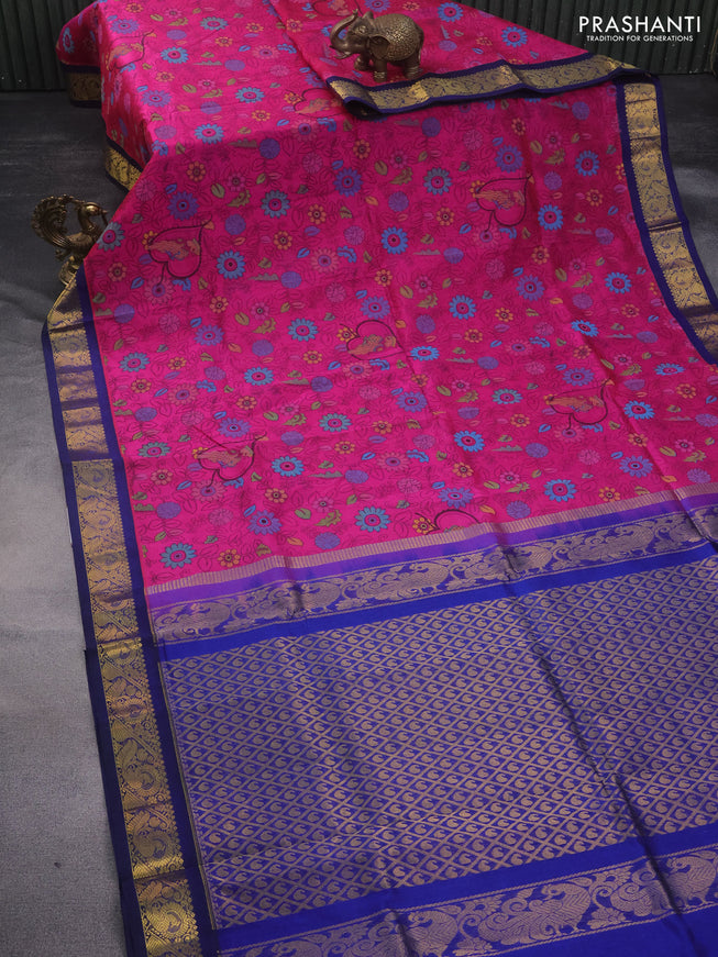 Silk cotton saree pink and blue with allover kalamkari prints and zari woven korvai border