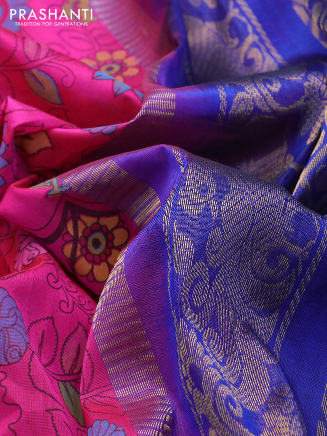 Silk cotton saree pink and blue with allover kalamkari prints and zari woven korvai border