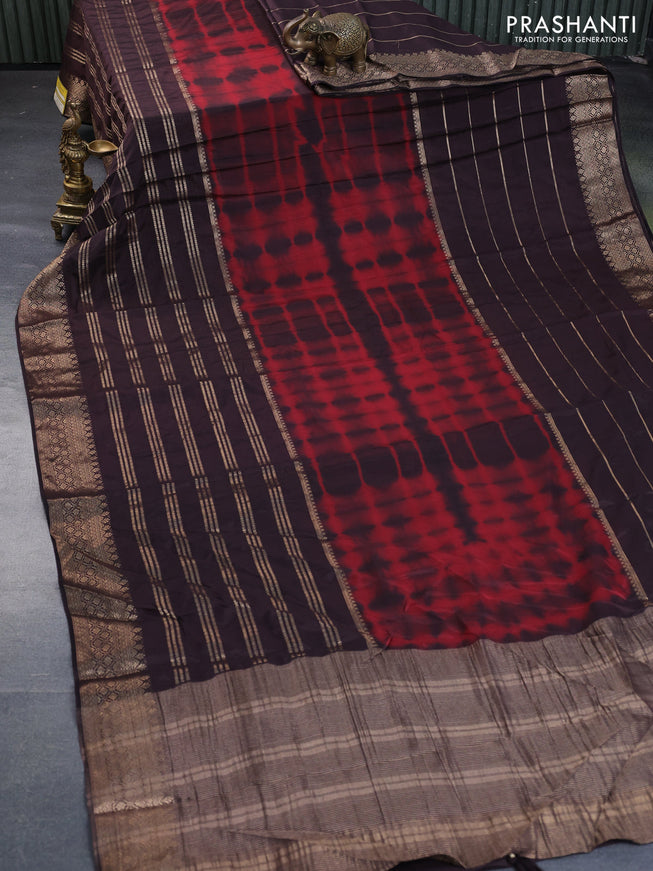 Semi crepe saree maroon and coffee brown with allover tie & dye prints and long zari woven border