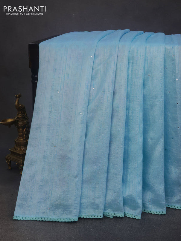 Raw silk saree light blue with allover mirror work and lace work border