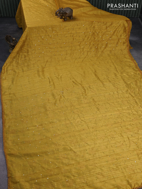 Raw silk saree mustard yellow with allover mirror work and lace work border