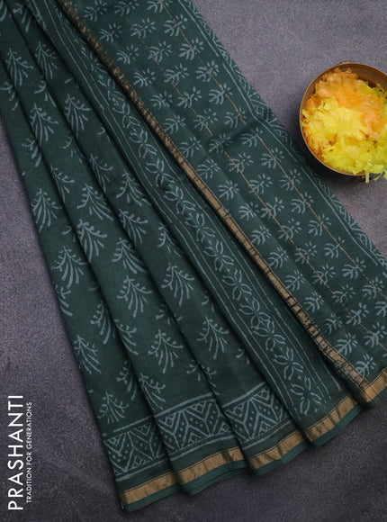 Chanderi bagru saree dark green with allover butta prints and small zari woven border