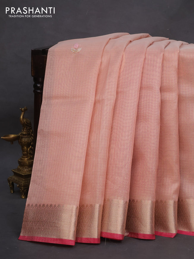 Tissue kota saree peach pink and pink with allover zari weaves & zardosi work and zari woven border