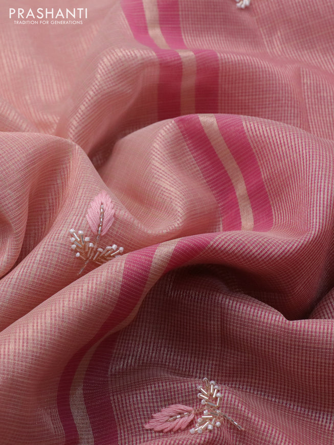 Tissue kota saree peach pink and pink with allover zari weaves & zardosi work and zari woven border