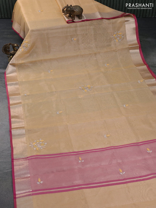 Tissue kota saree yellow and pink with allover zari weaves & zardosi work and zari woven border