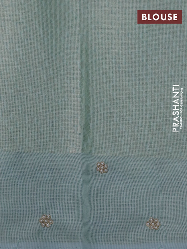 Tissue kota saree pastel green with allover banarasi zari weaves and embroidery work border