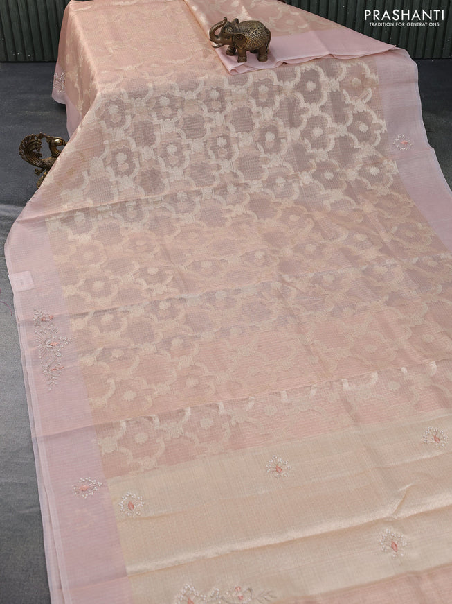 Tissue kota saree mild peach with allover banarasi weaves and zardosi work border