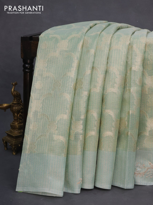 Tissue kota saree pastel green with allover banarasi weaves and zardosi work border