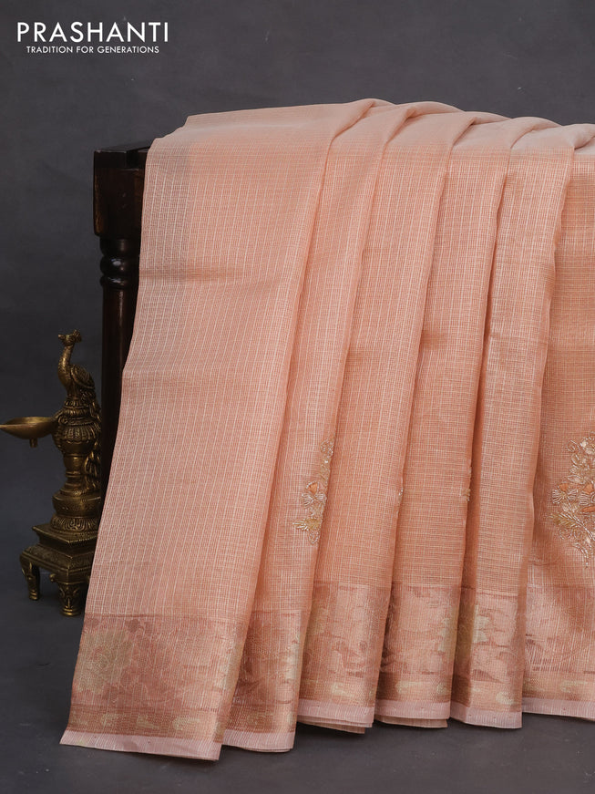 Tissue kota saree peach orange with zari weaves & embroidery beaded work and zari woven border