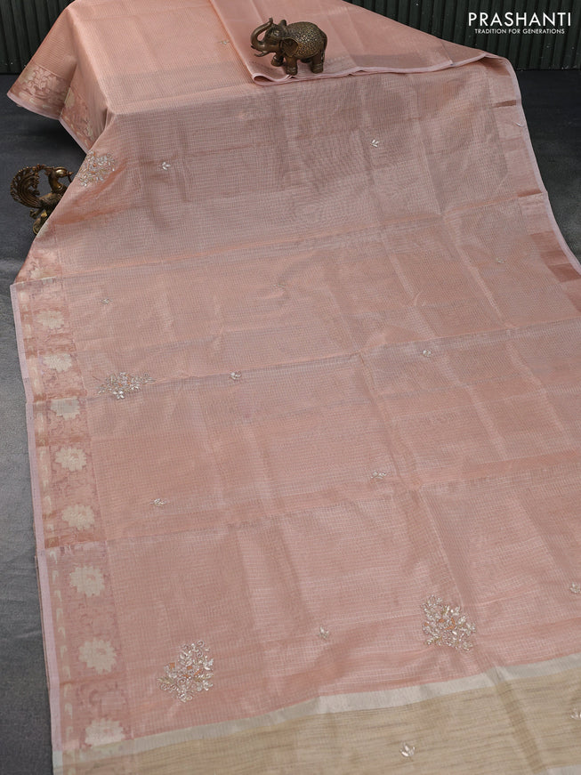 Tissue kota saree peach orange with zari weaves & embroidery beaded work and zari woven border