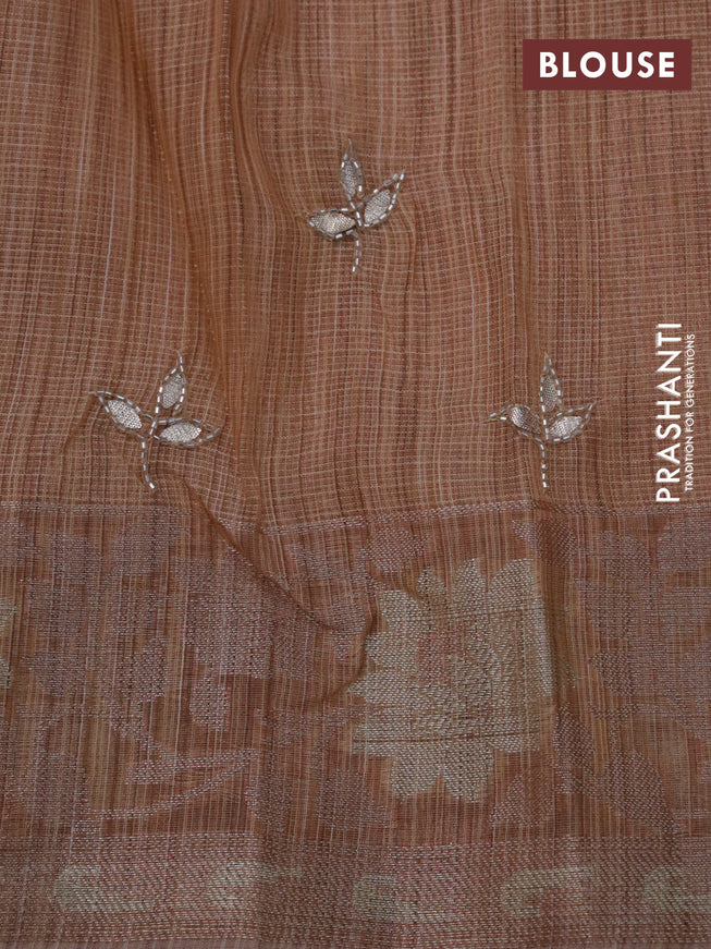 Tissue kota saree peach orange with zari weaves & embroidery beaded work and zari woven border