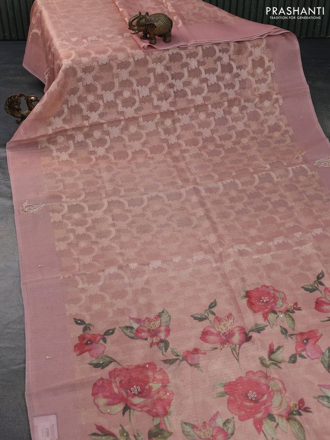 Tissue kota saree peach shade with floral digital prints & zardosi work in borderless style