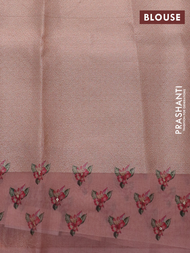 Tissue kota saree peach shade with floral digital prints & zardosi work in borderless style