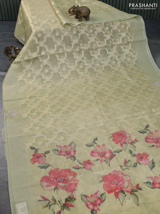 Tissue kota saree light green with floral digital prints & zardosi work in borderless style