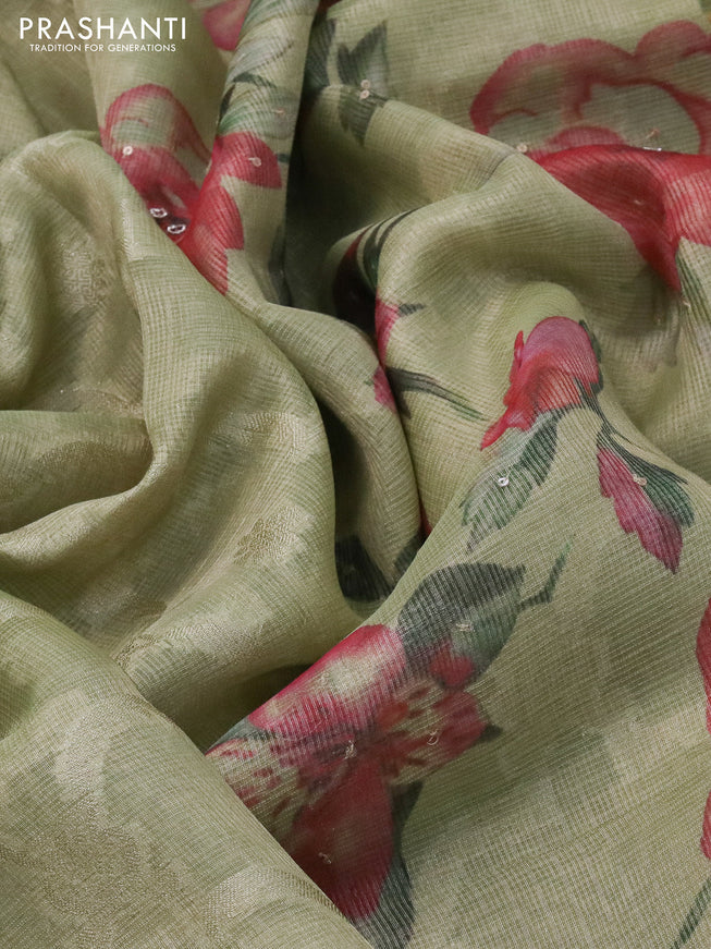 Tissue kota saree light green with floral digital prints & zardosi work in borderless style