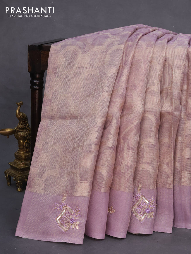 Tissue kota saree lavender with allover banarasi weaves and floral digital prints & zaridosi work border