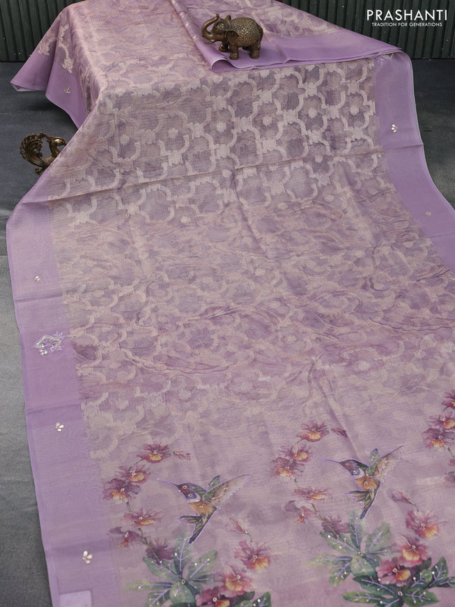 Tissue kota saree lavender with allover banarasi weaves and floral digital prints & zaridosi work border