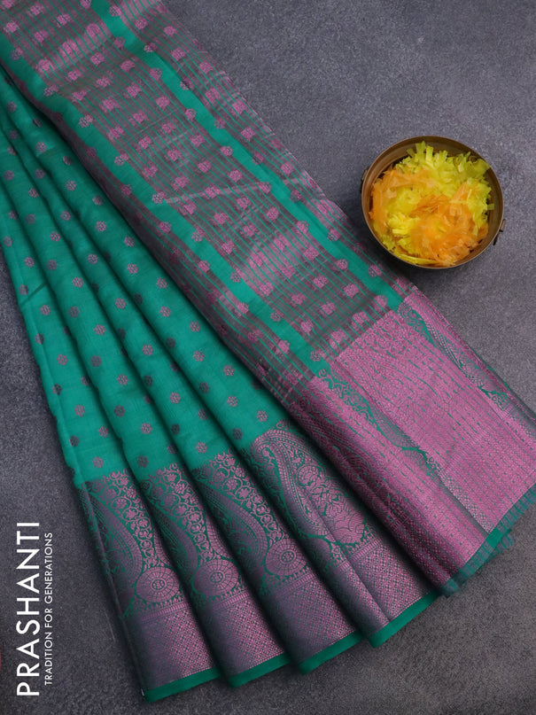 Semi raw silk saree green with pink zari woven 1000 buttas and pink zari woven border