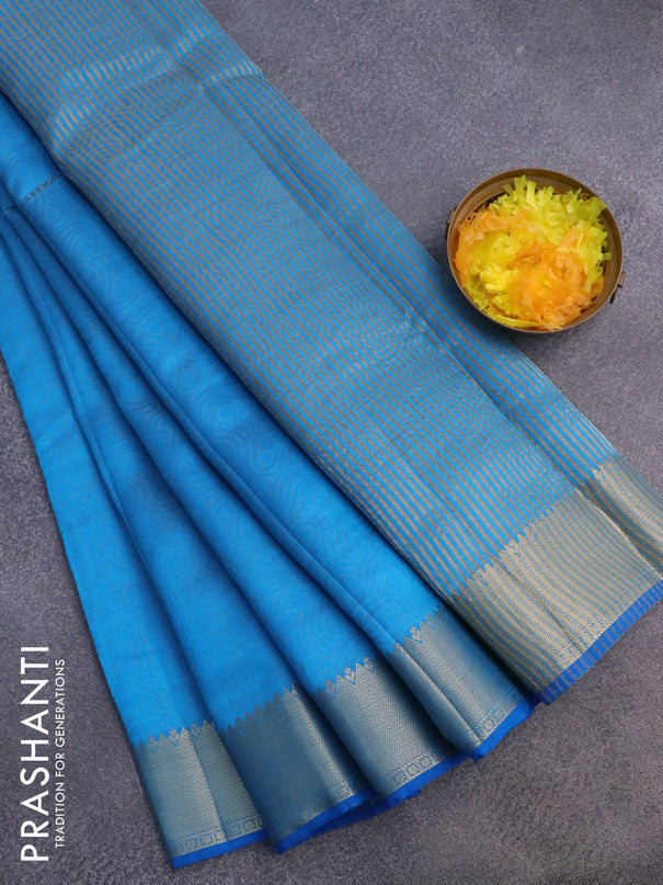 Semi raw silk saree cs blue with allover self emboss and zari woven border