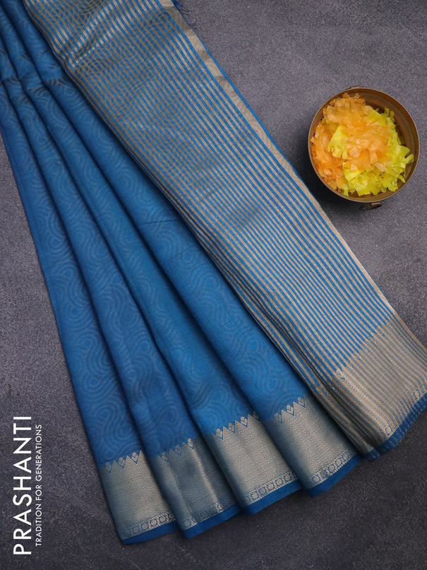 Semi raw silk saree cs blue with allover self emboss and zari woven border