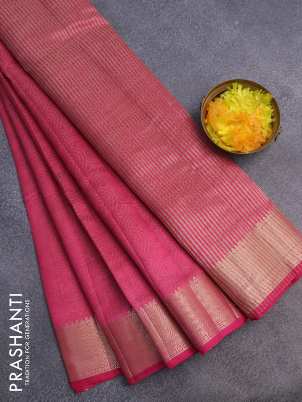 Semi raw silk saree pink with allover self emboss and zari woven border