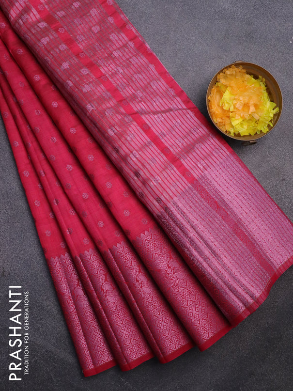 Semi raw silk saree pink with pink zari woven 1000 buttas and pink zari woven border