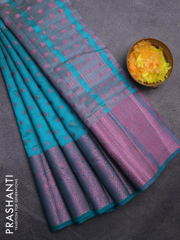 Semi raw silk saree teal blue with pink zari woven 1000 buttas and pink zari woven border