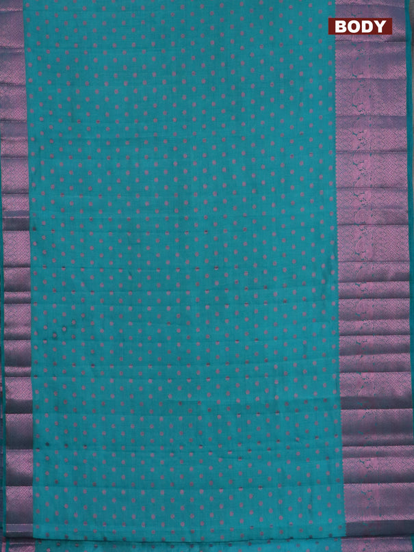 Semi raw silk saree teal blue with pink zari woven 1000 buttas and pink zari woven border