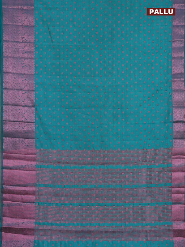 Semi raw silk saree teal blue with pink zari woven 1000 buttas and pink zari woven border