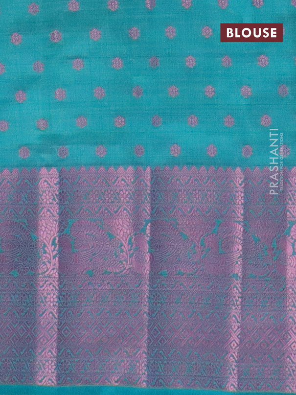 Semi raw silk saree teal blue with pink zari woven 1000 buttas and pink zari woven border