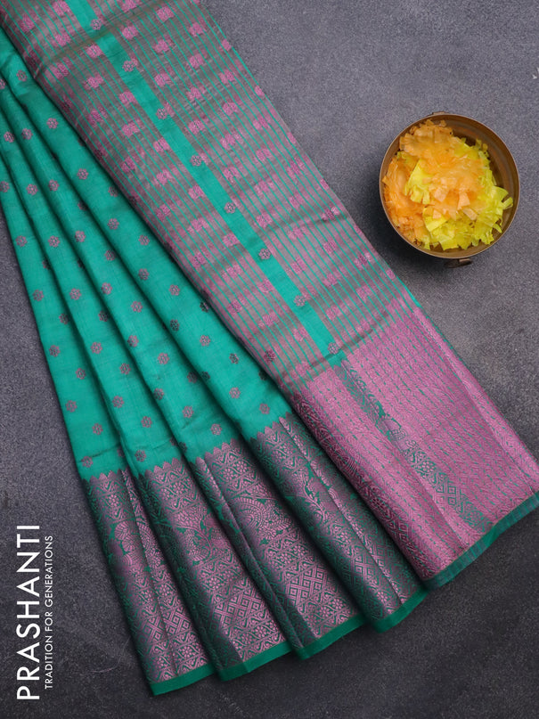 Semi raw silk saree teal green with pink zari woven 1000 buttas and pink zari woven border