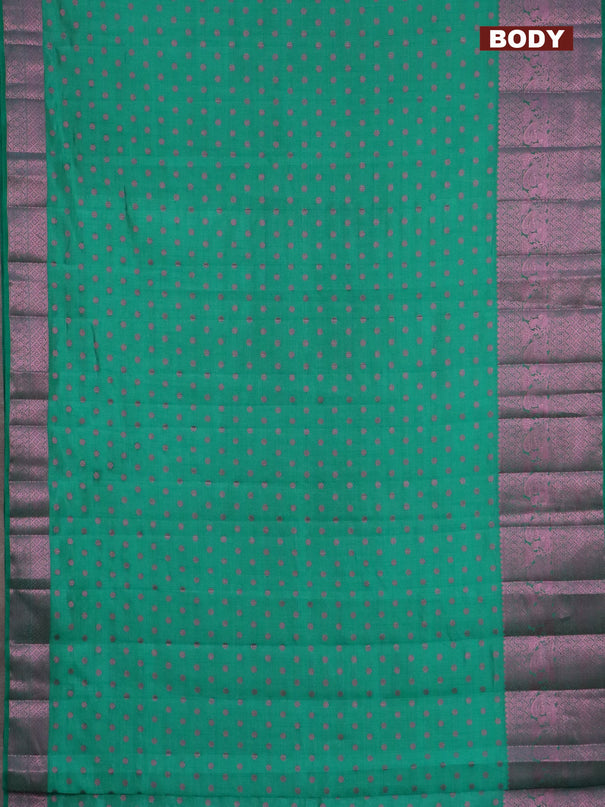 Semi raw silk saree teal green with pink zari woven 1000 buttas and pink zari woven border