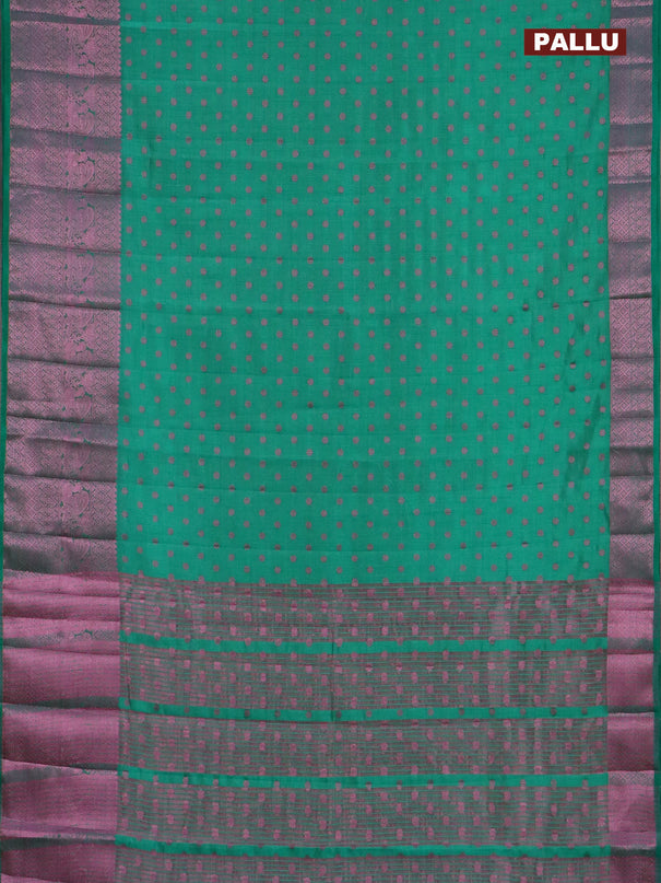 Semi raw silk saree teal green with pink zari woven 1000 buttas and pink zari woven border