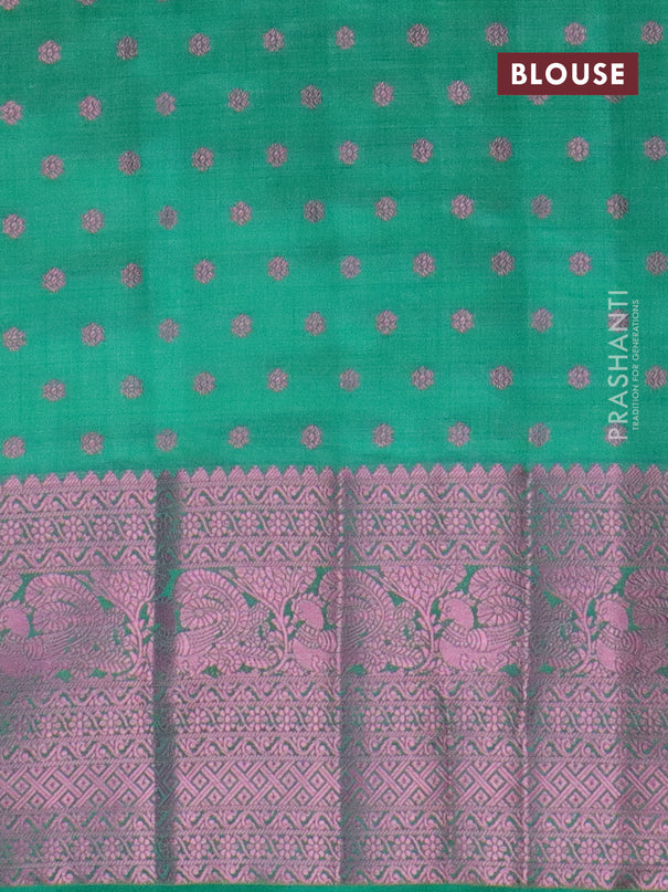 Semi raw silk saree teal green with pink zari woven 1000 buttas and pink zari woven border