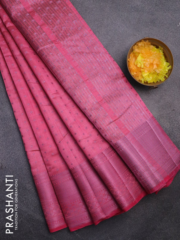 Semi raw silk saree pink with allover pink zari woven 1000 buttas and pink zari woven border