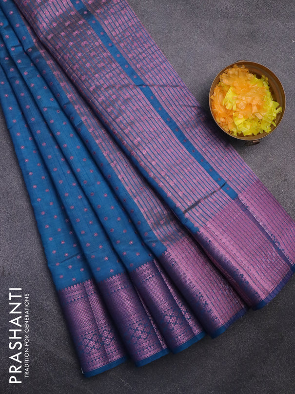 Semi raw silk saree cs blue with allover pink zari woven 1000 buttas and pink zari woven border