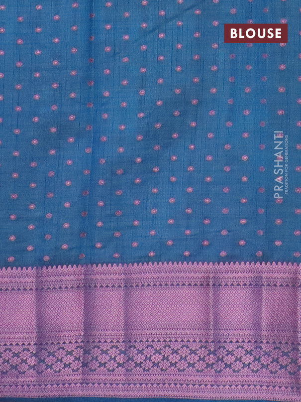 Semi raw silk saree cs blue with allover pink zari woven 1000 buttas and pink zari woven border