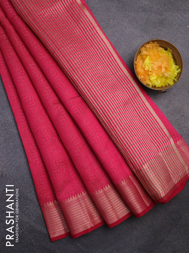 Semi raw silk saree dark pink with allover self emboss and zari woven border