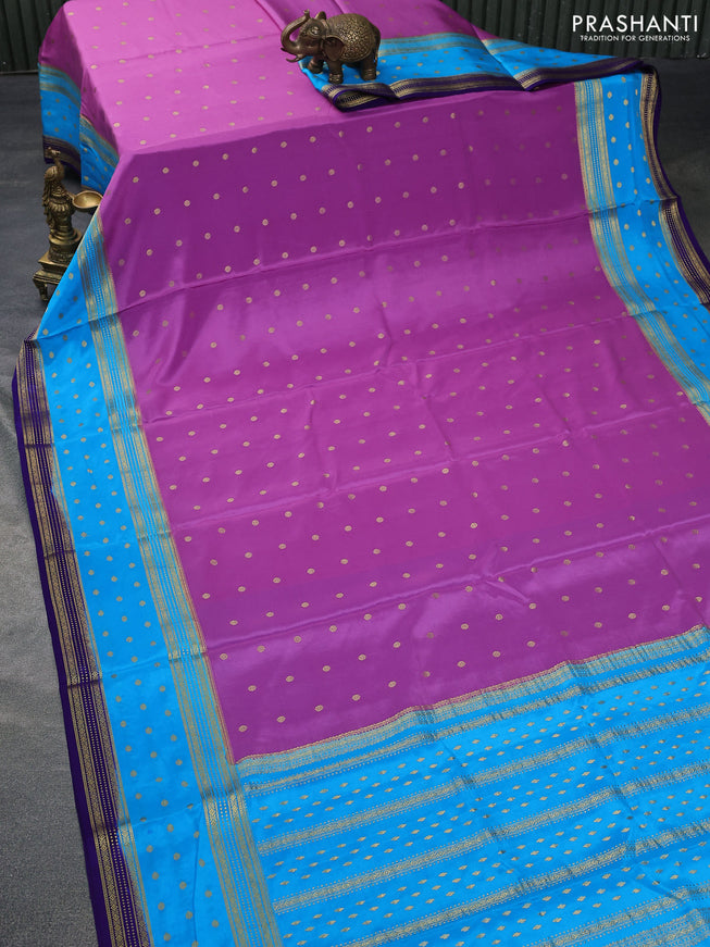 Pure mysore silk saree mild purple and light blue with zari woven buttas and zari woven border