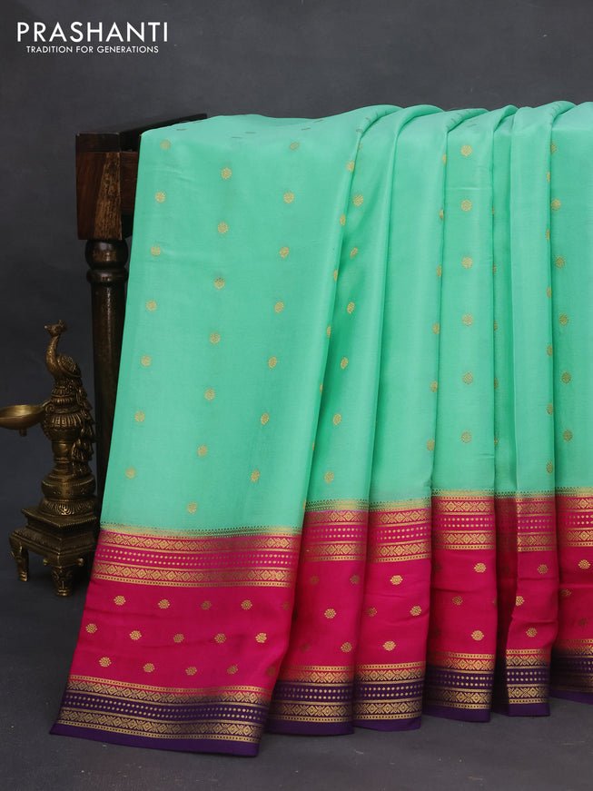 Pure mysore silk saree teal blue and pink violet with zari woven buttas and zari woven border