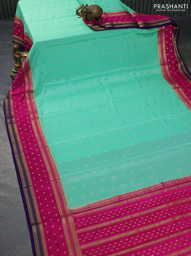 Pure mysore silk saree teal blue and pink violet with zari woven buttas and zari woven border