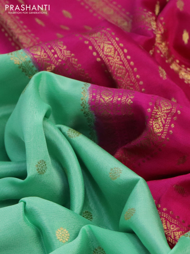 Pure mysore silk saree teal blue and pink violet with zari woven buttas and zari woven border